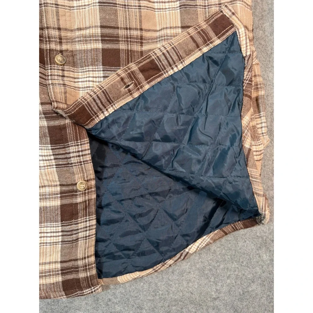Wrangler Mens Brown Plaid Quilted Lined Flannel Shirt Jacket Size S Button Up